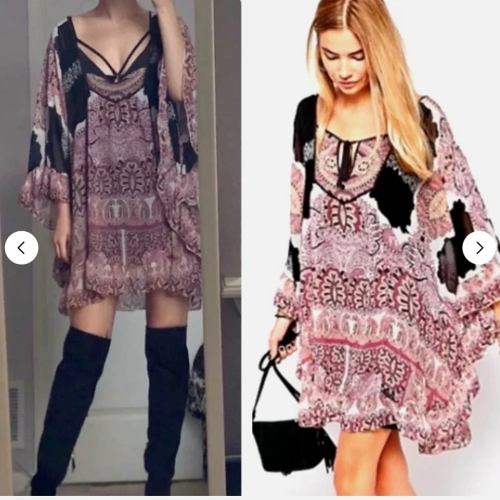 FREE PEOPLE Marla Dreams Paisley/Floral Printed Chiffon Mini Dress Ruffle Hem  - Picture 2 of 7